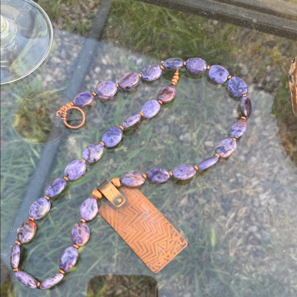 Purple Pearl Beaded Necklace with Copper Pendant - Unbranded